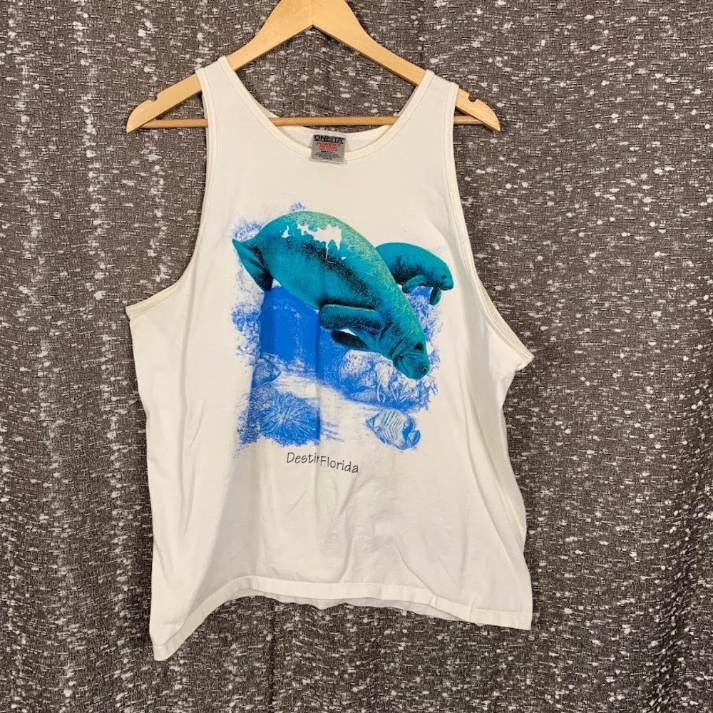 Vintage Oneita Power-T Destin Florida Manatee Graphic Tank Top White XL